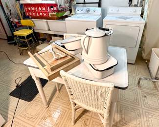 Antique enamel table and utensils.