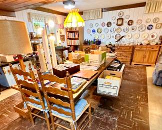 Trestle table with 2 benches & end chairs.