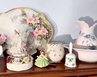 Large Limoges platter, antique German lady flower frog, Josef Original Ireland figure, and Belleek.