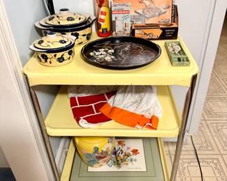 Vintage Cosco 3-shelf yellow metal rolling cart.