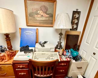 Wooden desk & chair.