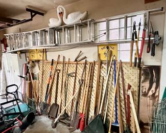 Yard & garden tools, ladder & planters.