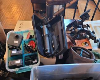 Gp pro cameras, stabilizer, battery chargers, levels and safety boxes