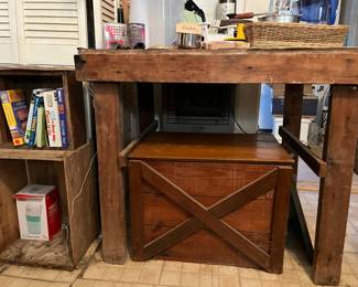 Wood boxes, wooden chest and rustic wood table