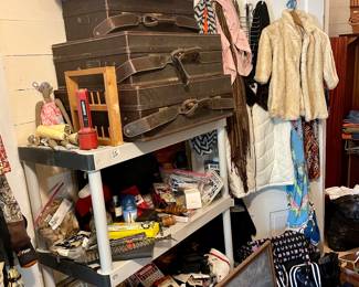 Vintage Hartmann leather 3 piece luggage, child faux fur coat...