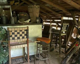 Vintage wood checkered bar stools, baskets...