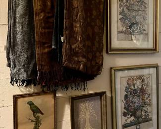 Winter scarves, framed art.