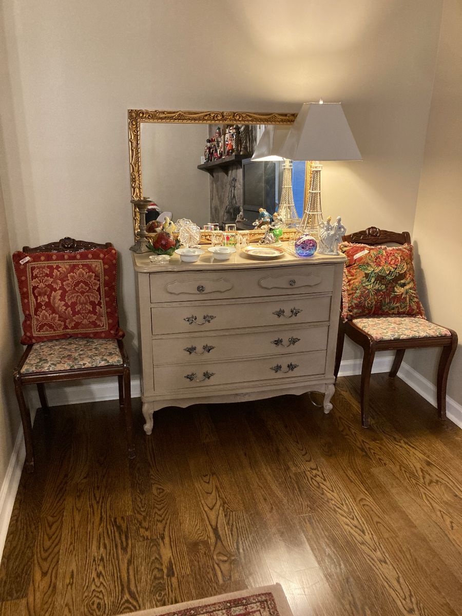 French chest, mirror, Eiffel Tower lamp, paperweights, Waterford