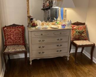 French chest, mirror, Eiffel Tower lamp, paperweights, Waterford