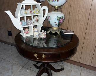 Round, single drawer table, copper feet - $68