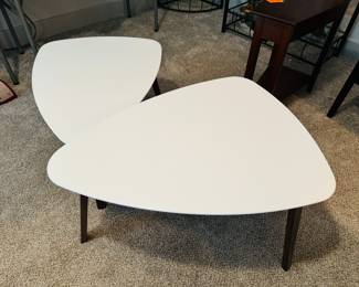 #32- $100 White/wood legs nesting tables modern "MCM style, 31Wx18Tx23 to 5 1/2"	