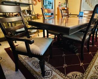 #2 -$450 
Mahogany stain dining table with double"pedestal table, 4 chairs, 2 arms 78Lx96 with leaf."