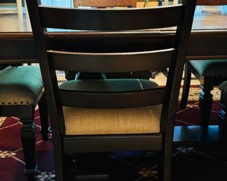 #2 -$450 
Mahogany stain dining table with double"pedestal table, 4 chairs, 2 arms 78Lx96 with leaf."