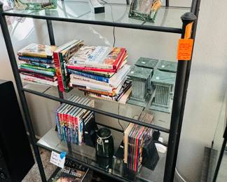 #7 $150 black metal 4 glass shelves 35x14x67	