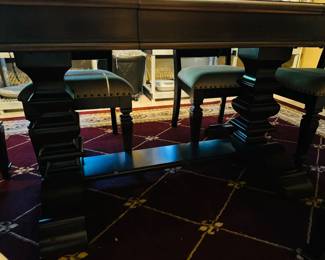 #2 -$450 
Mahogany stain dining table with double"pedestal table, 4 chairs, 2 arms 78Lx96 with leaf."