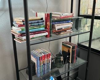 #7 $150 black metal 4 glass shelves 35x14x67	