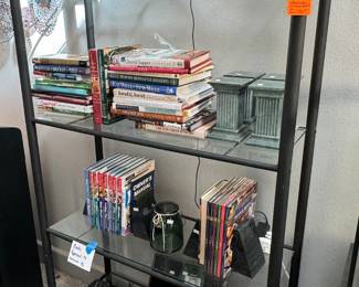 #7 $150 black metal 4 glass shelves 35x14x67	