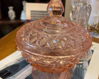 Pink Depression Glass Pedestal Candy dish with lid