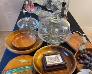 Beautiful wooden serving pieces and crystal serving pieces