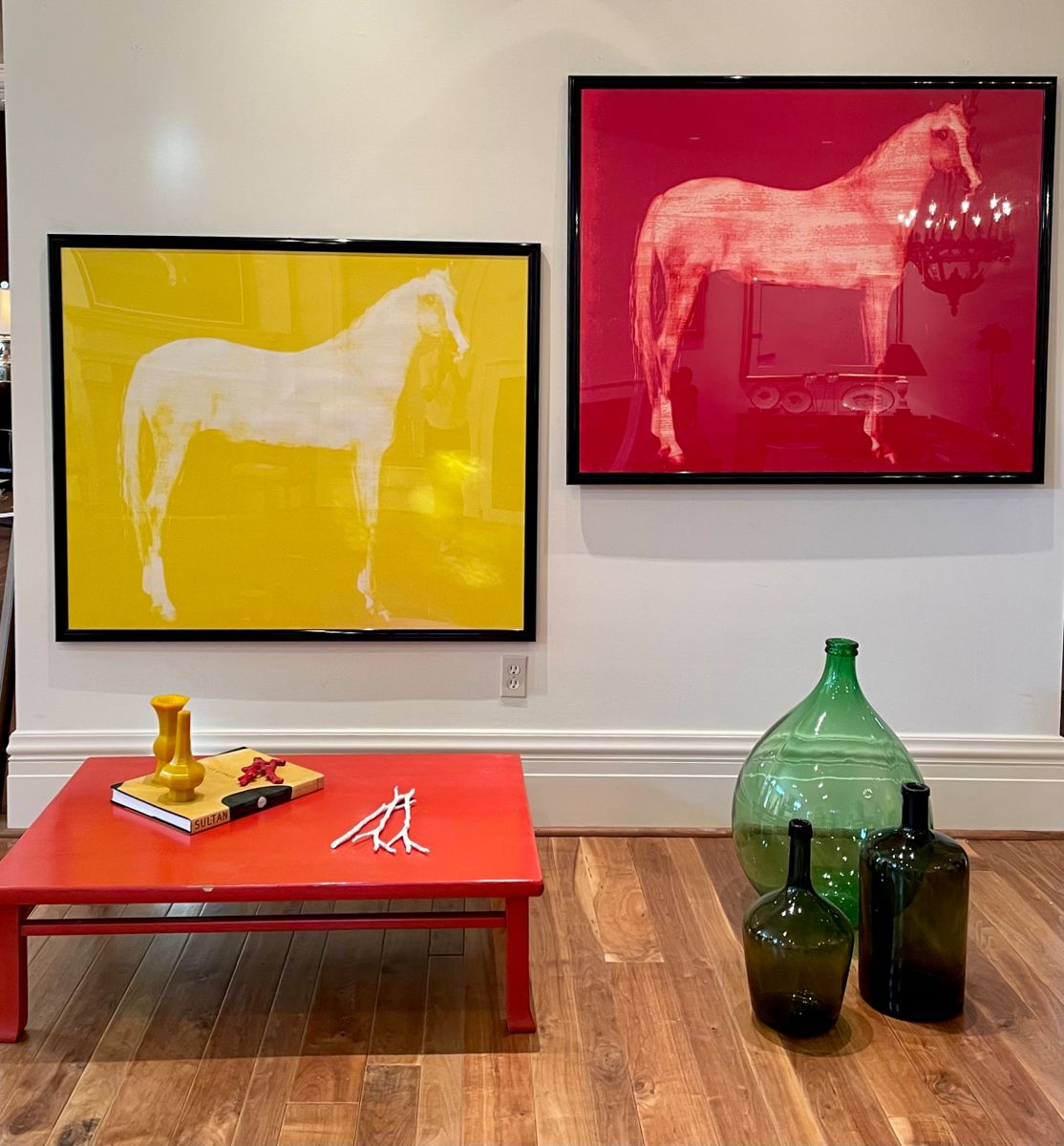 $1200  - RED SOLD. YELLOW AVAIL. “Horse X 12 (Red)” by Joe Andoe; 48 x 40 unframed; 52 x 42 framed;  1995; unsigned museum quality poster print  - monochromatic large format art, framed in gloss black; $1200  - “Horse X 12 (Yellow)” byJoe Andoe; 48 x 40 unframed; 52 x 42 framed;  1995; unsigned museum quality poster prints - monochromatic large format art, framed in gloss black.  (prices of other items in subsequent pictures)