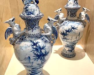 SOLD - 12” d x 23”h; PAIR of antique Delft hand-painted urns with lids and exquisite dragon and lion details. Likely mid 1800s. Traditional tin glaze indicitive of the era. EXCELLENT antique conditon. Sold as a PAIR only. 