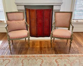 $1400 (each)- 2 available; antique Louis XVI custom-upholstered chair with gold-gilded finish and fringed trim.  21 x 19 x 37 ; SOLD - antique velvet lined hearth screen with nailhead trim and five panels, provenance - purchased in New Orleans fine antique store after Katerina; from early 1900s; small water marks -  42 x 38