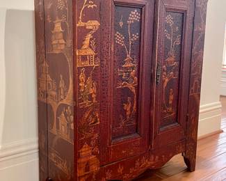 Alternative view of $1500 - Antique, deep red, hand-painted Chinoiserie two-door wooden cabinet. Provenance; purchased from a highly respected antique dealer in New Orleans. There are a few drilled spots on the back indicating it may have been used to hold electronics at one point. 