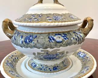 $150 -  Spode soup tureen and base with blue floral details and leaf handles. No spoon - 13 d x 12h