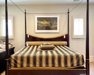 BED FRAME AVAIL. Matress SOLD. King size Tempur-Pedic mattress & boxspring, custom silk bed linens/bolster pillow and curtain panels, 4 poster canopy bed. All sold seperately. 