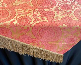 $100 - beautiful silk table covering or throw in gold brocade sunset colors, with gold fringe - 44 x 82