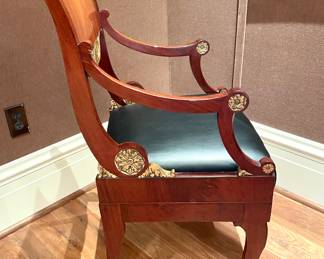 $2000 (each) - 2 available; Russian neoclassical chair with black, leather seat and gold-gilded accents - 20 x 19 x 38