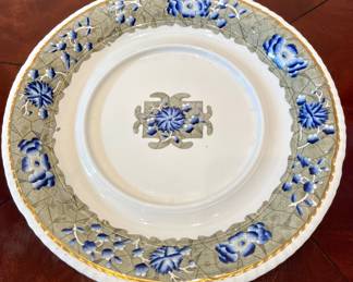13”d x 12”h; $150 -Spode soup tureen and base with blue floral details and leaf handles; view of platter base only
