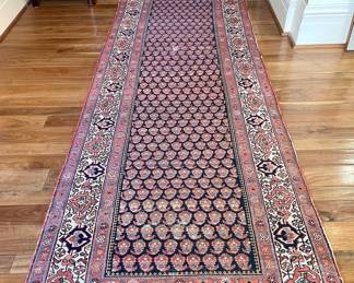 SOLD- hand knotted wool runner with terracotta, ivory, navy colors.   - 16 x 3.5. 