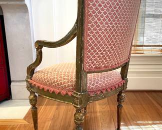 $1400 (each)- 2 available; antique Louis XVI custom-upholstered chair with gold-gilded finish and fringed trim.  21 x 19 x 37 