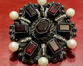 $400 - Garnet and pearl pin with a bale to wear as a necklace 