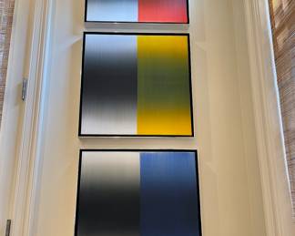 $9000 - “Shift (Red) (Yellow) (Blue)” by Eric Freeman; circa 2017; Reasonable offers considered! 20” x 20” unframed; 21” x 21” framed; sold as a suite of 3; original paintings on canvas with artist signature and date on back; framed in brushed chrome metal with black interior space between frame and canvas; see additional images. 