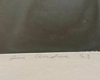 SOLD Detailed view - Portfolio of six - Artist signed, limited edition, 7 out of 35, aquatints by Joe Andoe - “Rose” “Tulip” “Moon” “Pussywllow” “Fallen tree” “Candle” - framed 22x21, unframed 16 x 13