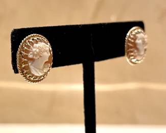$250 - Antique cameo post earrings set in stamped K gold 