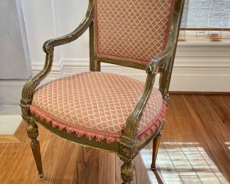 $1400 (each)- 2 available; antique Louis XVI custom-upholstered chair with gold-gilded finish and fringed trim.  21 x 19 x 37 ; 