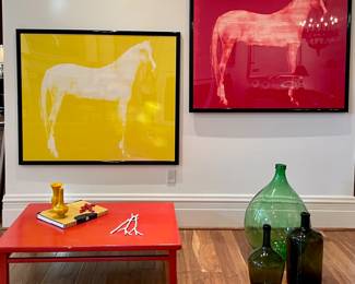 $1200  - RED SOLD. YELLOW AVAIL. “Horse X 12 (Red)” by Joe Andoe; 48 x 40 unframed; 52 x 42 framed;  1995; unsigned museum quality poster print  - monochromatic large format art, framed in gloss black; $1200  - “Horse X 12 (Yellow)” byJoe Andoe; 48 x 40 unframed; 52 x 42 framed;  1995; unsigned museum quality poster prints - monochromatic large format art, framed in gloss black.  (prices of other items in subsequent pictures)