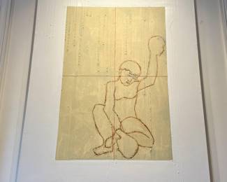 $2800 - “Head-Fisted Boy” by Scott Kilgour; Reasonable offers considered! 48” x 64”; circa 1991; original acrylic and oil painting on canvas, signed by artist on back with title and location; white painted border; dissection lines featured on this “version”. 