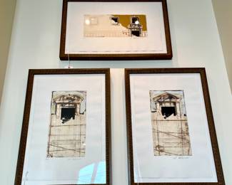 $350 (each) - Hand painted artist signed engraving by Alessandro Reggiolo in gold gilded frame on white paper; part of “Architettura “ Collection - measurements (top - unframed 27.5x17., framed 32.5 x 22.5); (bottom - unframed 17.5 x 27.5, framed 22.25 x 32.25) 