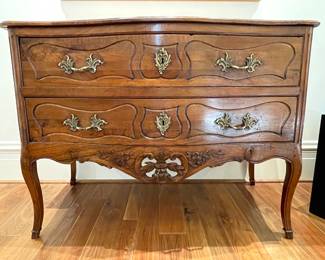 SOLD - Louis XV walnut serpentine two drawer French Provincial chest with pieced apron, intricate hardware and diagonal wood grain of top - 47 x 26 x 35