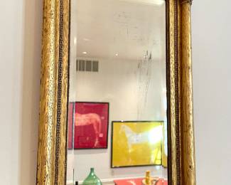 SOLD - antique gold mirror with pillar sides, solid wood, mirror starting to de-silver - 12 x 21
