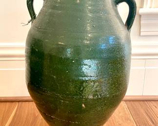 $1800 - Antique Italian olive oil ceramic jar with handles, glazed green, provenance, purchased in Tuscany  - 12d x 21h