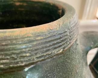 Detailed view of  Antique Italian olive oil ceramic jar with handles, glazed green, provenance, purchased in Tuscany  - 12d x 21h