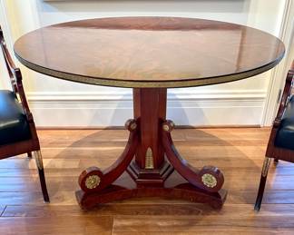 $3500 - Russian neoclassical mahogany pedestal table with brass edging and base accents - 42.5”d x 31”h
