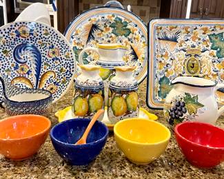 $100 - Rampini Italy hand painted square platter; $130 - Rampini Italy hand painted circular platter; $60 - hand painted Italian circular platter (on left); $60 - Italian ceramic pitcher; $70 - Italian ceramic oil/vinegar; $42 - set of 4 condiment bowls ad spoon by Pottery Barn