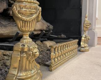 SOLD - antique small scale 3 piece brass andiron and fender gate set 