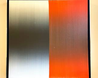 Close up of Shift (Red); by Eric Freeman; circa 2017; 20” x 20” unframed; 21” x 21” framed; sold as a suite of 3; original paintings on canvas with artist signature and date on back; framed in brushed chrome metal with black interior space between frame and canvas ($9000 set of 3)